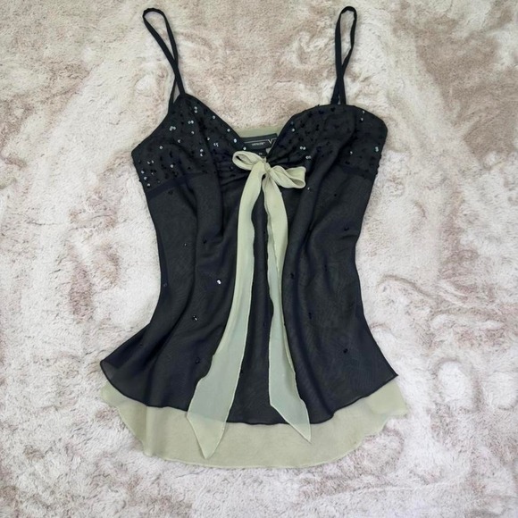 sheer layered cami top with black sequin mesh overlay, soft chiffon underlayer - Picture 6 of 7